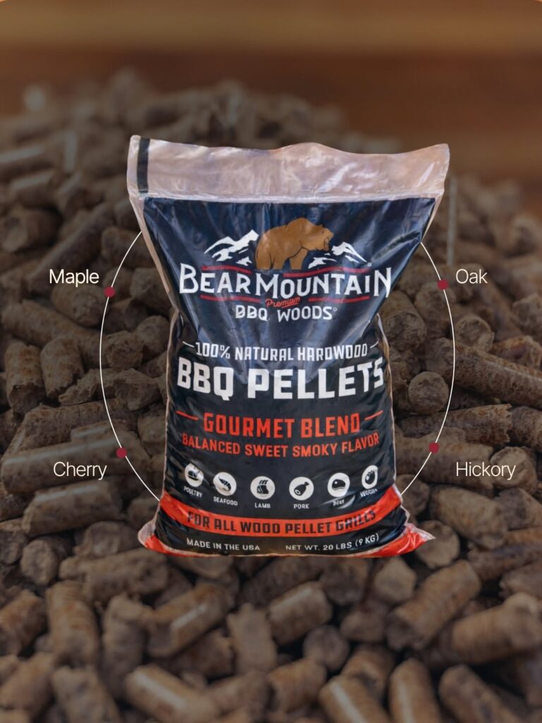 Bear Mountain Gourmet Blend BBQ pellets bag showing Oak, Hickory, Cherry and Maple hardwoods.