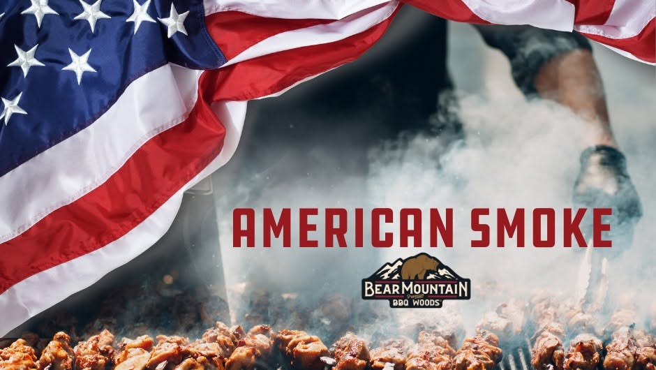 Bear Mountain BBQ Woods American Smoke graphic with barbecue smoke, cooked meat and an American flag.