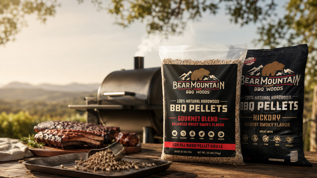 Bear Mountain Gourmet Blend and Hickory BBQ pellets beside a pellet smoker